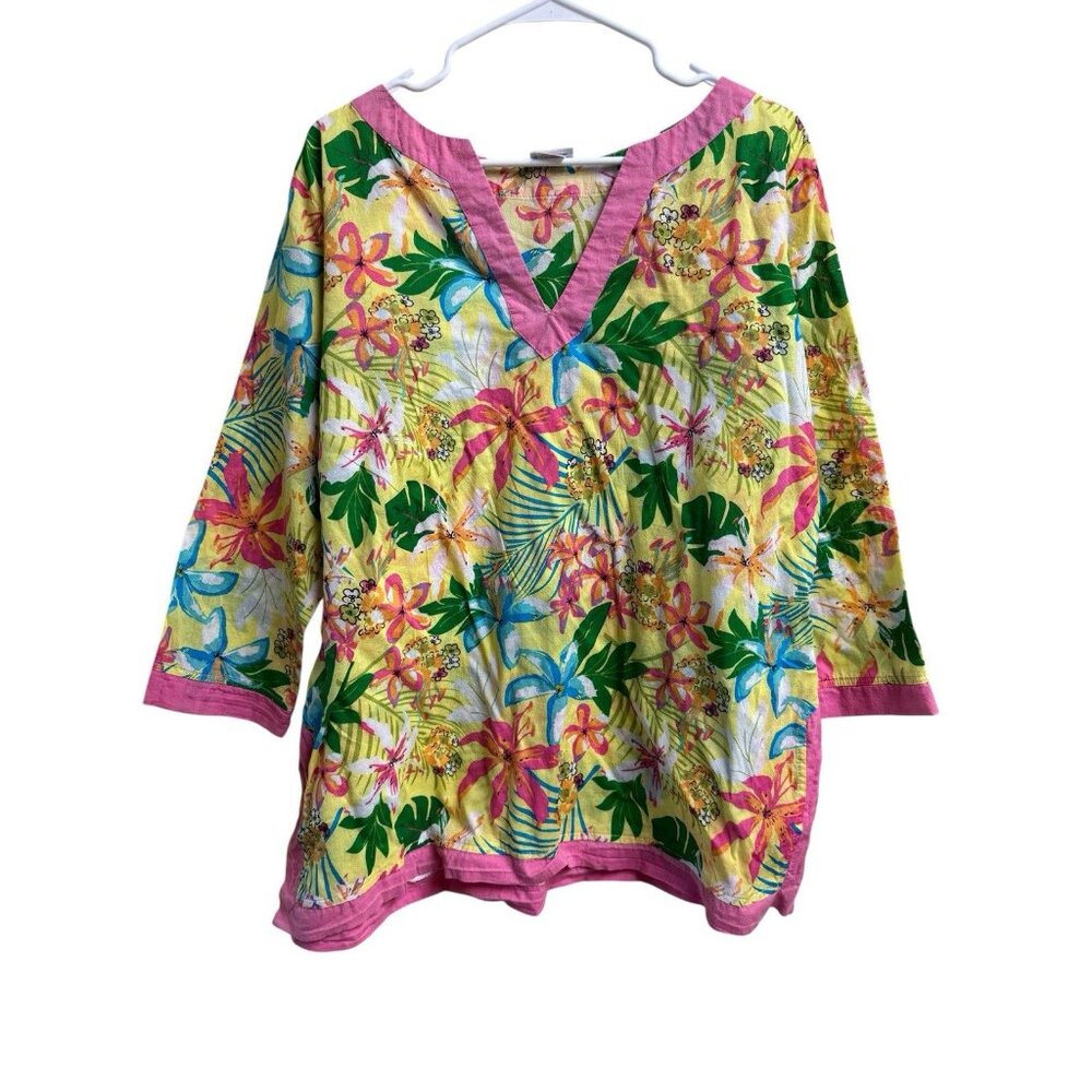 All For Color Tropical Floral Tunic Top Yellow Pink Cotton L XL